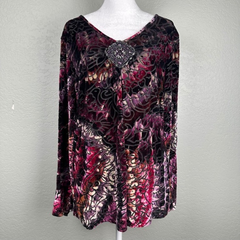 Vtg Velvet Burnout Top Women Size XL Beaded Floral Devore Whimsigoth Art to Wear